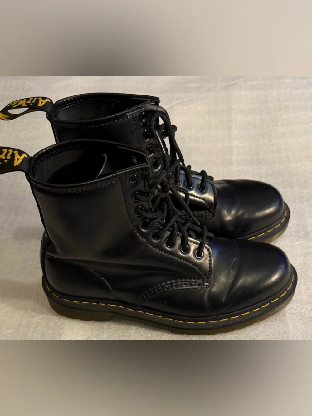 Dr. Martens 1460 Smooth Black Leather Lace-Up Combat Boots with Yellow Stitching